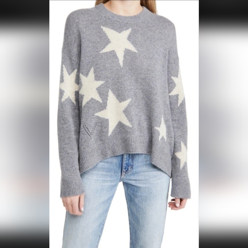 New Zadig & Voltaire Markus C Star 100% Cashmere Sweater Grey White Sz XS, New